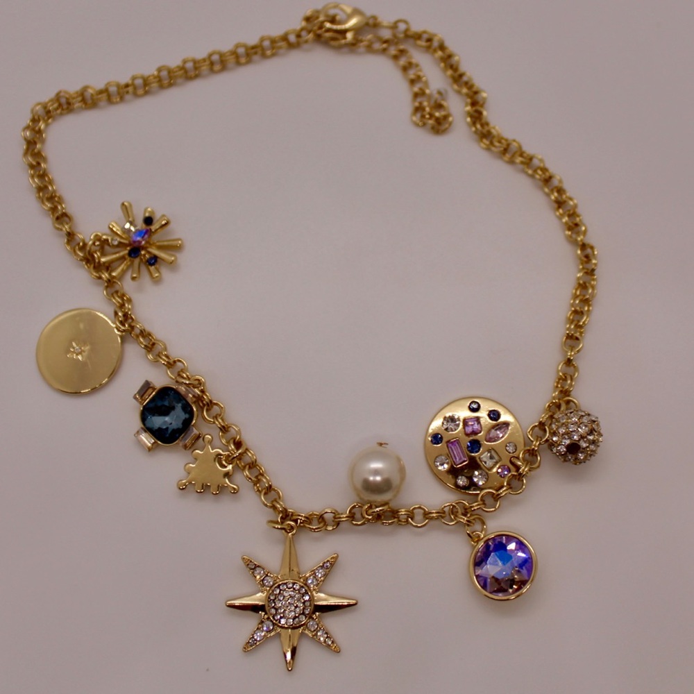 Gold chain charm necklace with faux pearls